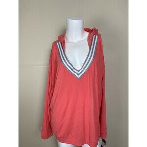 Free Press women's Sweatshirt V Neck Hoodie In Coral Pink Size S stripe details